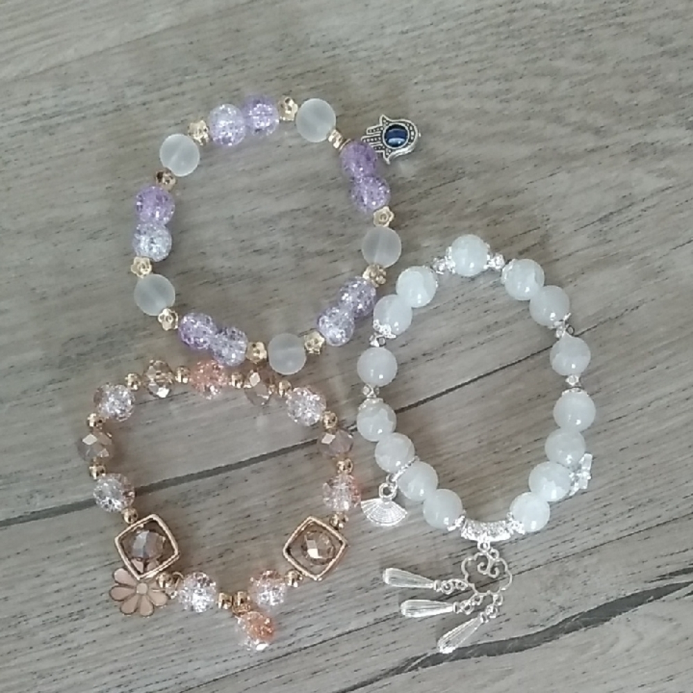 Elegant Beaded Bracelet Set - Purple, Gold, Silver